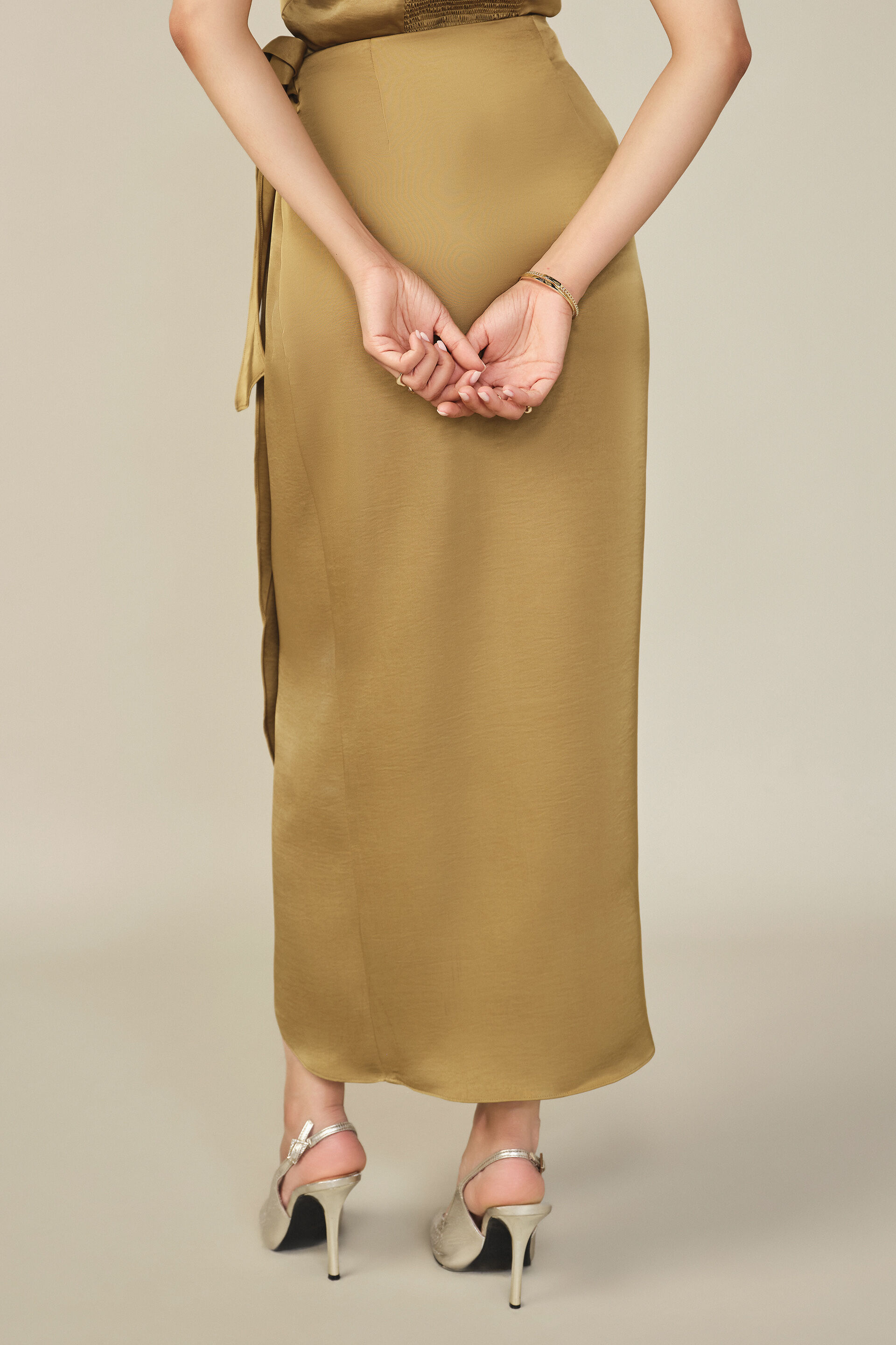 Solid Satin Skirt in Warm Olive, Olive, image 5